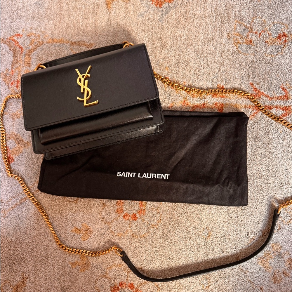 Saint Laurent Sunset Chain Wallet Black Calfskin YSL Monogram Crossbody Gold - Picture 4 of 5